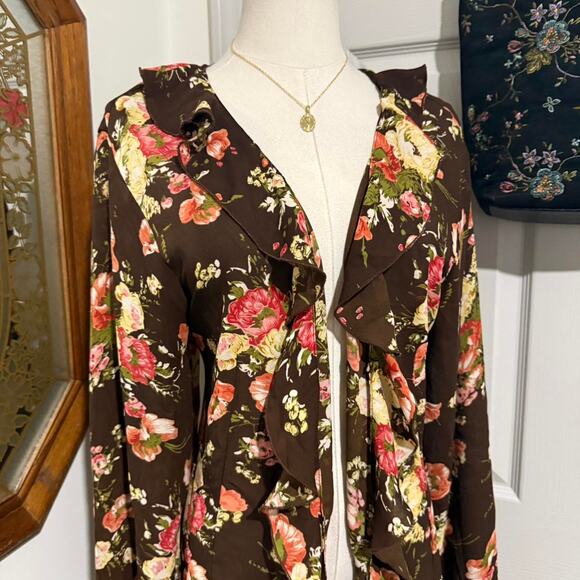 VTG Dark Brown & Multicolor Floral Ruffled Long Flare Sleeve Open Front Cardigan - Picture 4 of 8